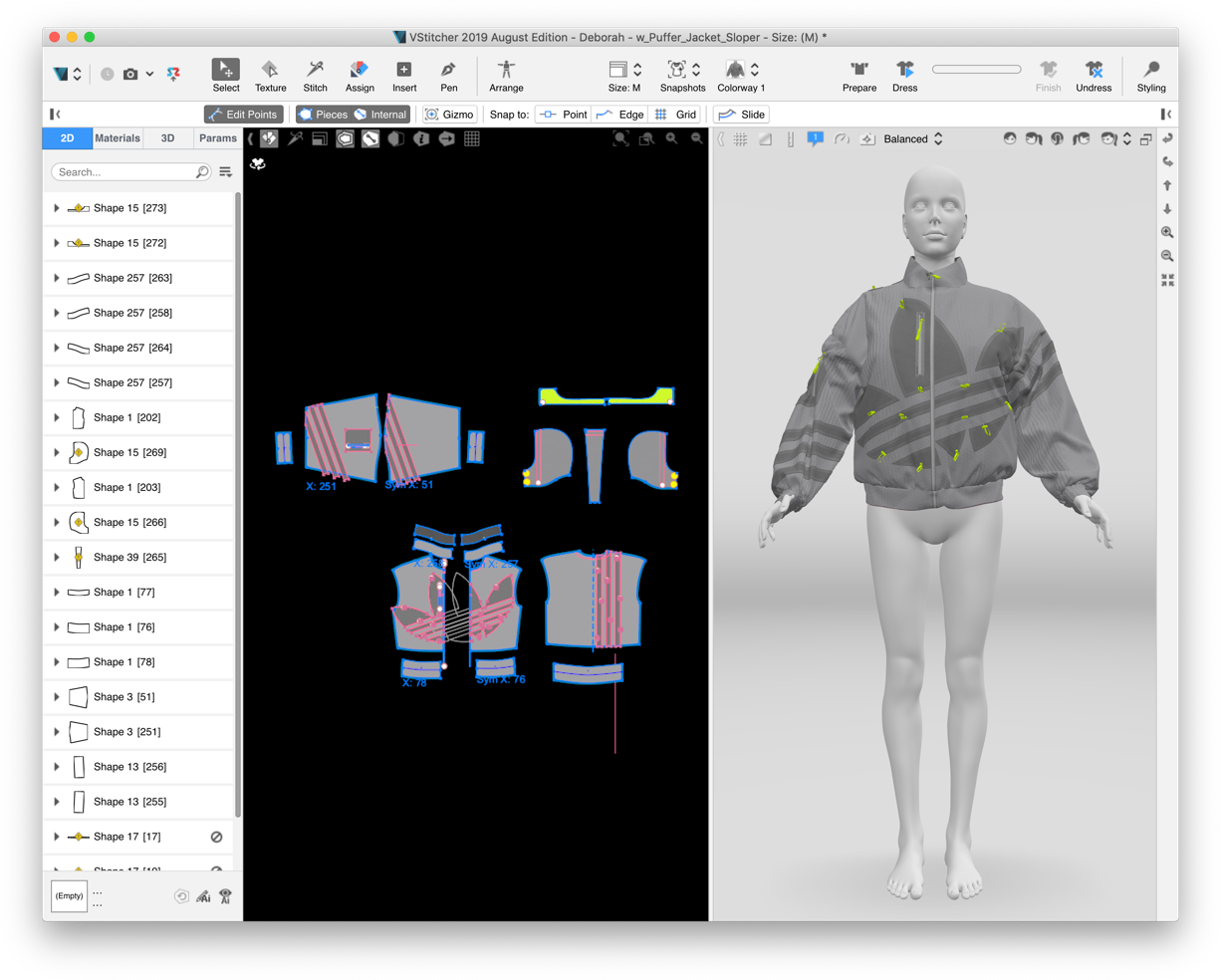 Screenshot of V Stitcher displaying the Adidas jumpsuit virtual prototype.