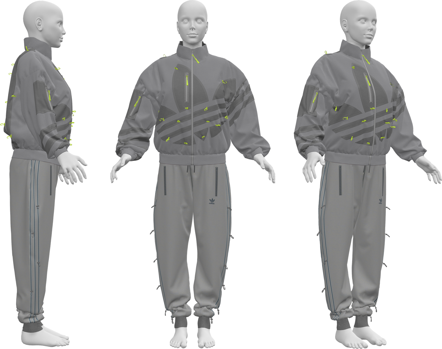 Digital 3D Product Prototypes Renders of the jumpsuit. Displayed is side, front, and angle view.