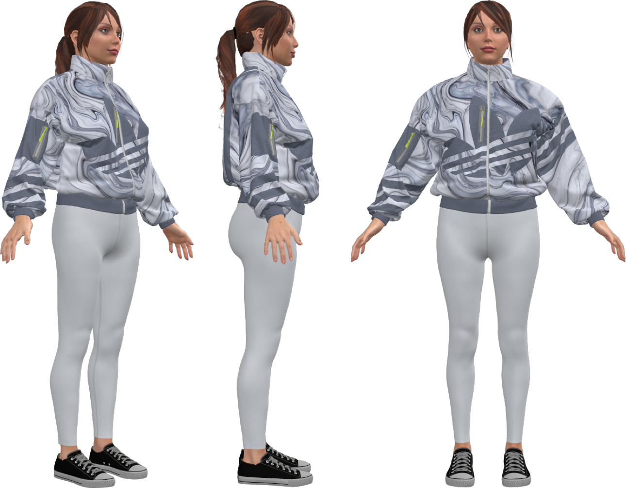 Digital 3D Product Final Renders of the jumpsuit. Displayed is side, front, and angle view.