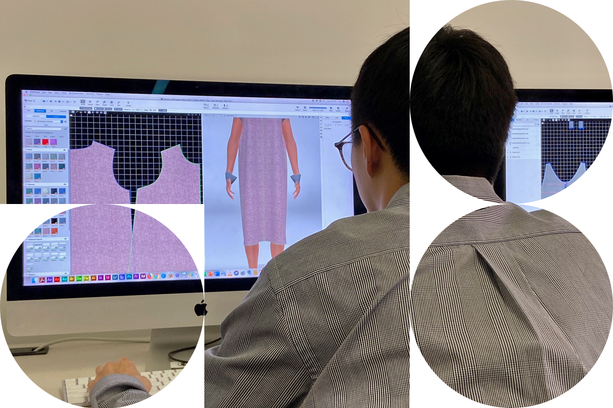 Student sitting in front of the computer working on a 3D prototype with Browzwear software