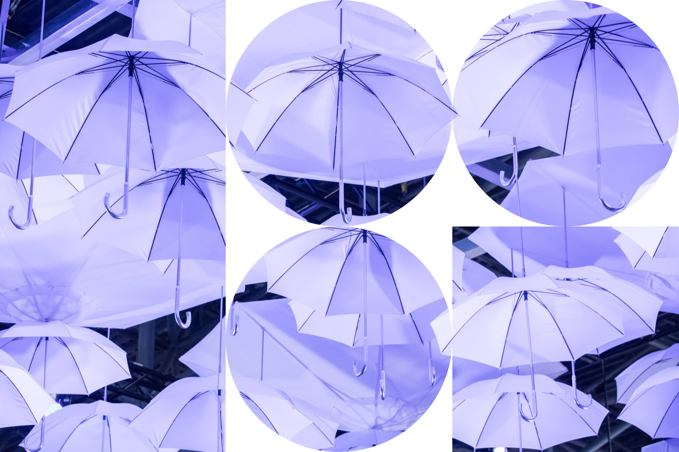 Purple umbrellas creating a pattern for IBM's NRF booth in 2018..