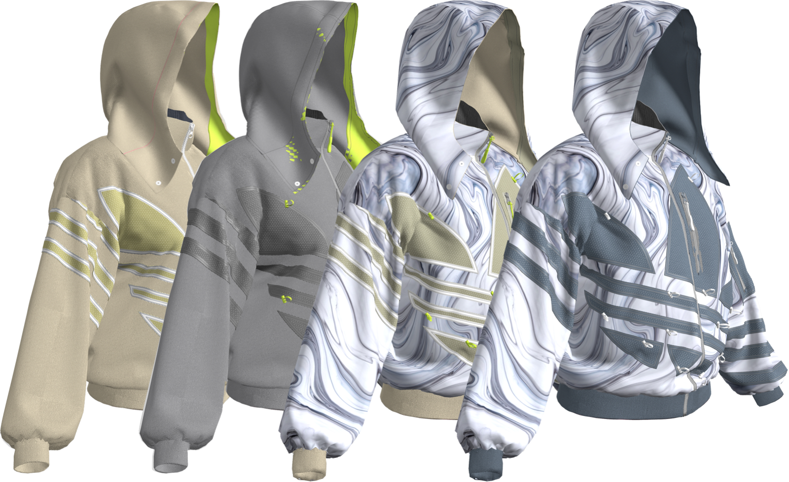 A set of 3D virtual prototypes of the iconic Adidas jumpsuit. 